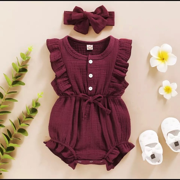 Baby girls linen romper with matching headband - Picture 4 of 8